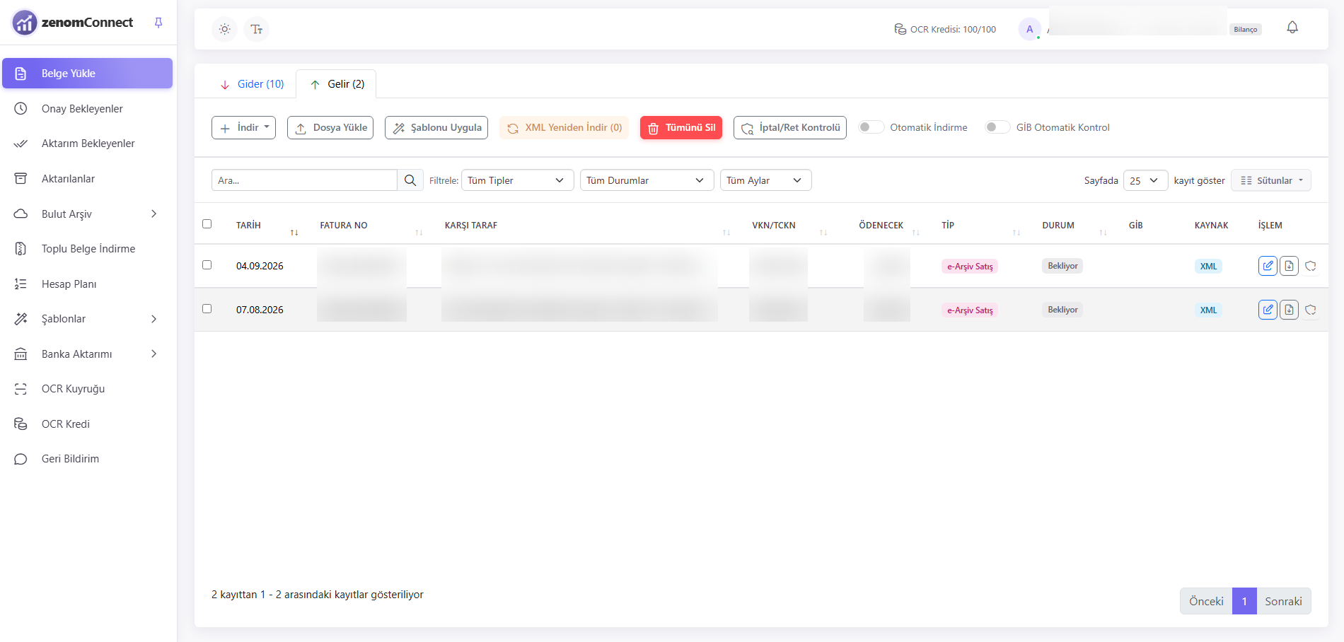 zenomConnect açıldığında karşınıza çıkan ilk sayfa (Belgeler ekranı)