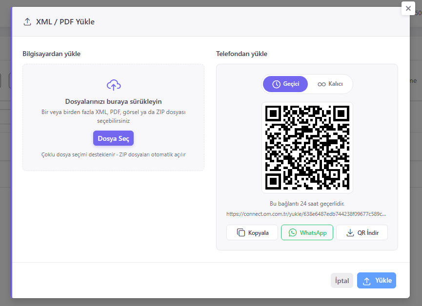 Dosya Yükle penceresi — sürükle-bırak alanı ve telefondan QR ile yükleme seçeneği