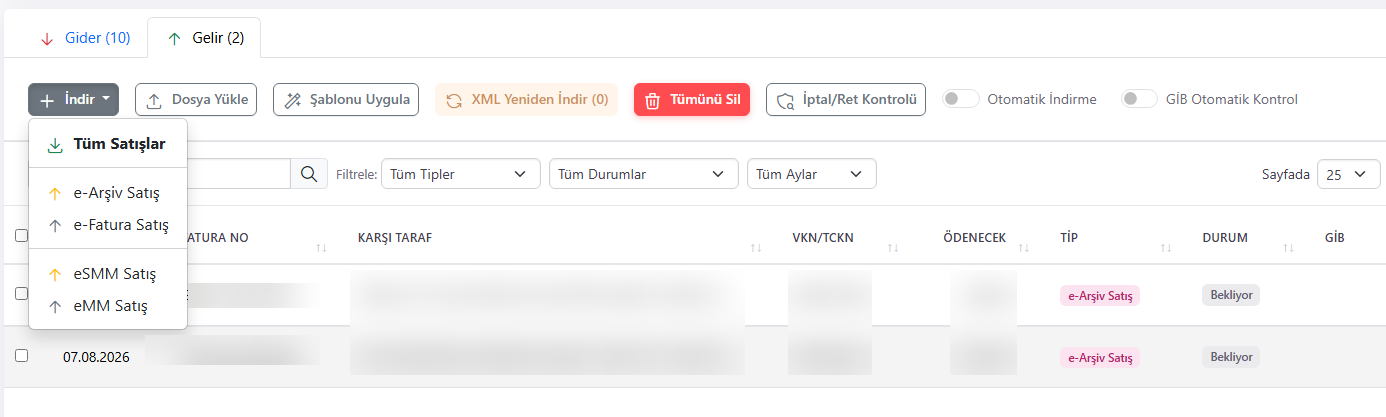 "İndir" açılır menüsü (Tüm Alışlar/Satışlar ve tek tek belge türleri) açık haldeyken
